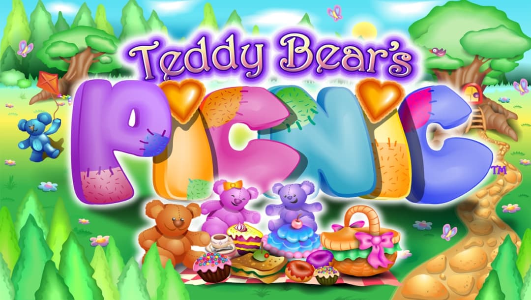 The title screen for the Teddy Bear’s Picnic slot game featuring Teddy Bears having a picnic in front of the game logo with another teddy flying a kite in the forest in the background.