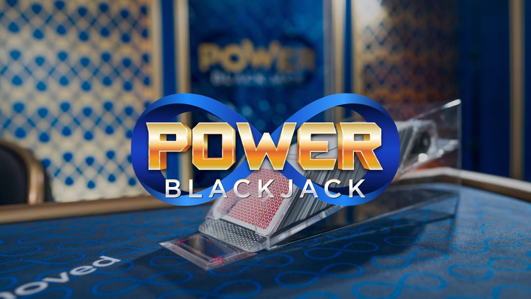 The title screen for Power Blackjack, featuring the game logo on a blue infinity symbol with one of the live dealer blackjack tables in the background.