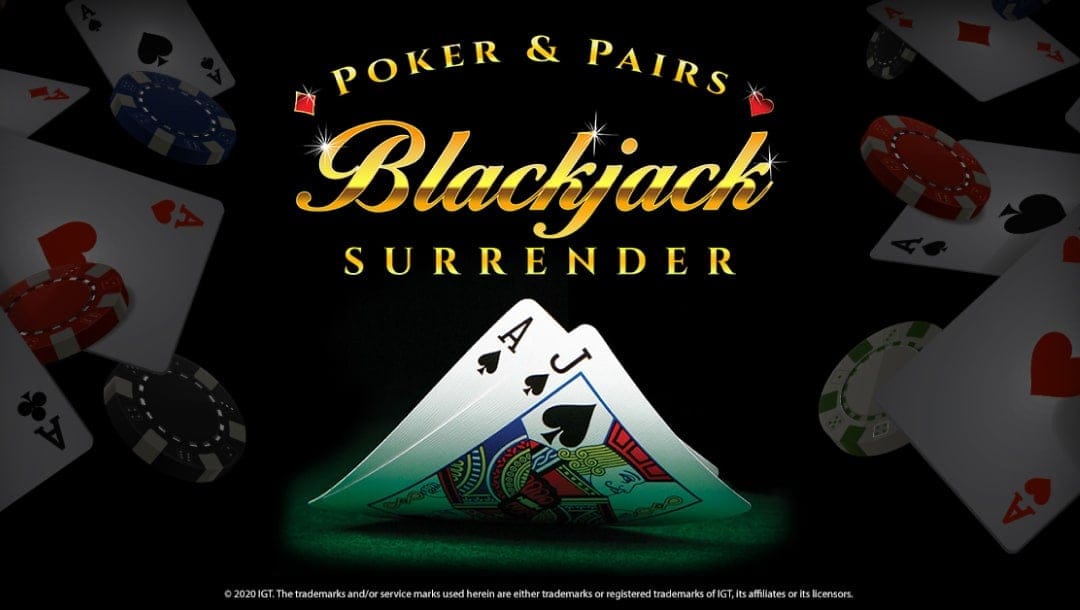 The title screen for Poker & Pairs Blackjack Surrender, featuring the game logo above an Ace and Jack of spades, with seven Ace playing cards and poker chips floating around a black background.