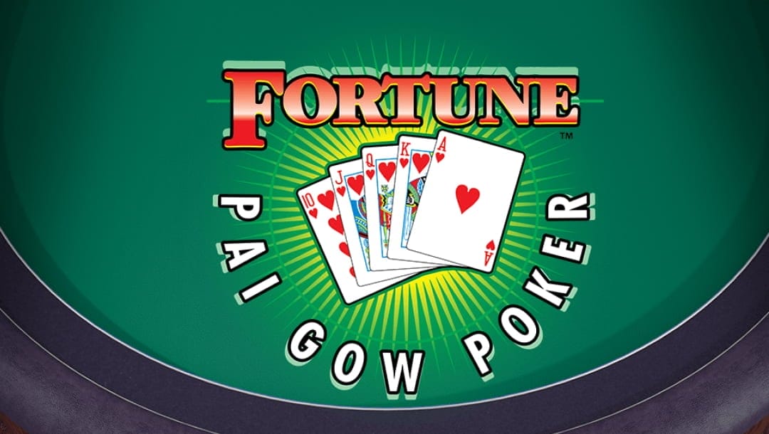 Fortune Pai Gow Poker online casino game title in red and white. There are playing cards in the middle of the game’s title. The logo and playing cards are on a green casino table.