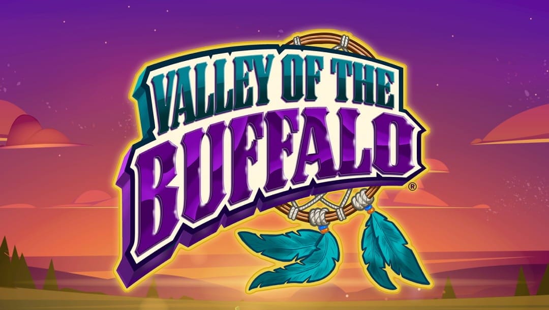 Valley of the Buffalo online slot logo in turquoise and blue. The logo is attached to a dream catcher. The background shows a cartoon landscape of trees, grass, and a purple and orange sky.