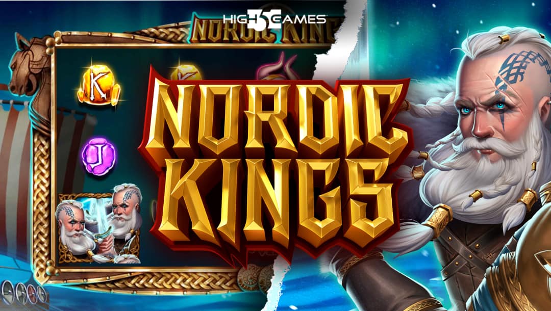 The title screen for the Noric Kings slot game, featuring the game title in the centre, the game’s slot grid on the left side of the image, and a fierce viking man on the right.
