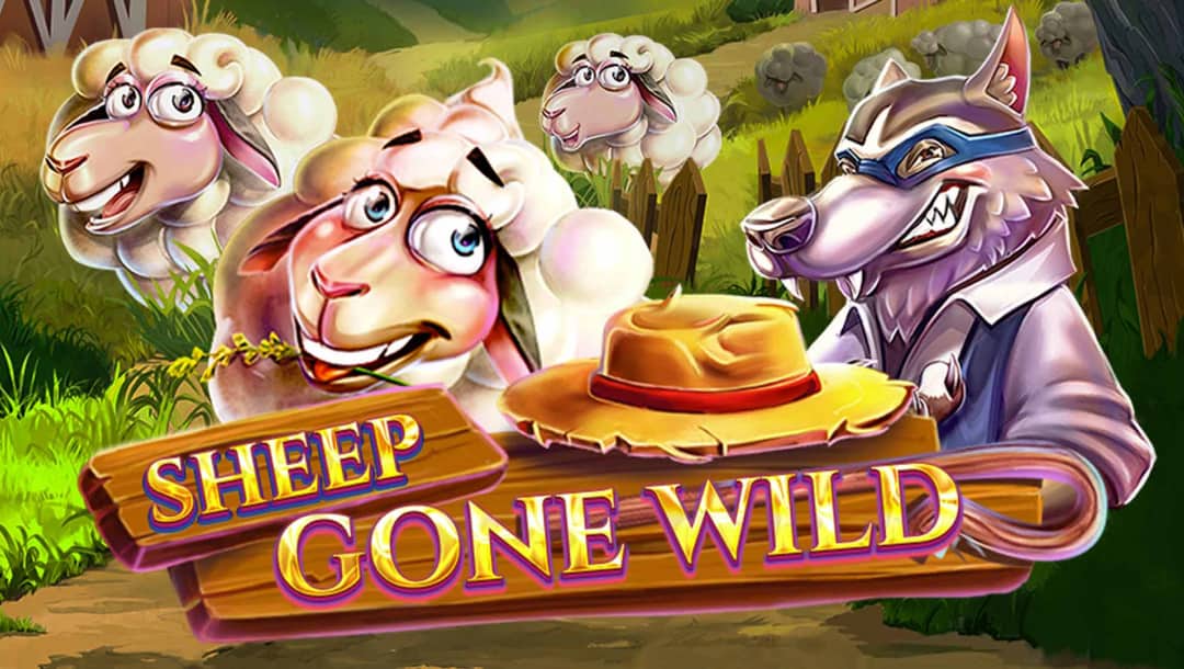 Sheep Gone Wild online slot game loading screen, featuring the game logo, an old hat, three sheep, and a wolf, with a farm in the background.