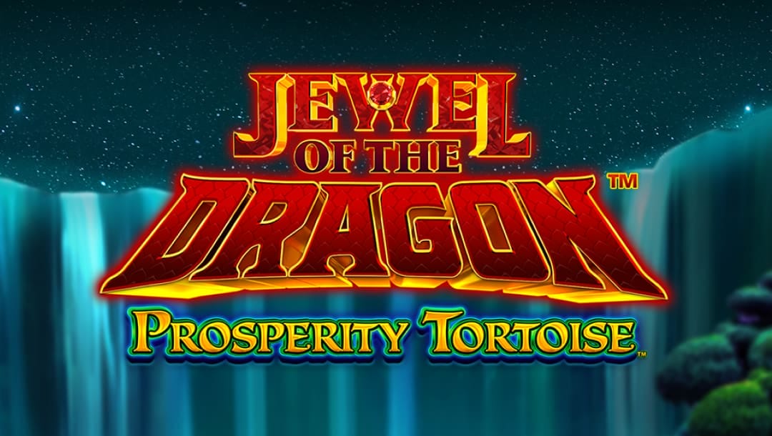Jewel of the Dragon Prosperity Tortoise online slot logo in red and gold. The background shows a silver and blue waterfall with stars in the night sky.