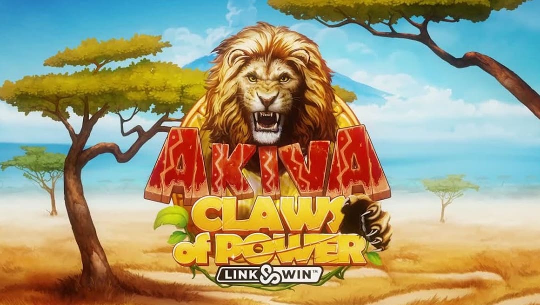 Akiva Claws of Power online slot loading screen. The logo is presented in yellow and red with the black and white Link & Win logo below it. There is a roaring lion immersed in the logo. The background is a cartoonish landscape of the African Serengeti with trees, plains, and a blue and white sky with a mountain in the distance.