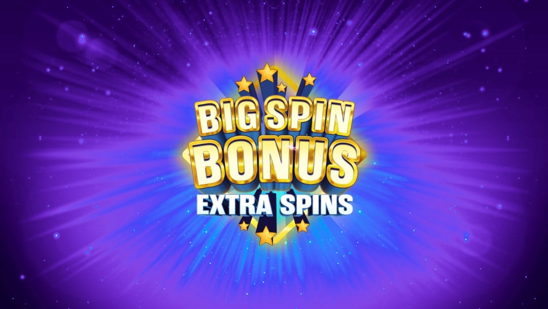 Big Spin Bonus Extra Spins online slot logo in gold, silver and blue with gold stars. The background is blue and purple with stars.