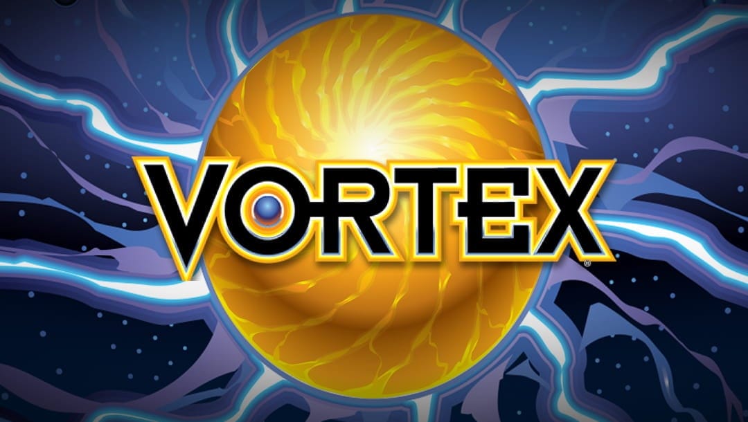Vortex online slot logo in yellow and black. The logo is placed on a big yellow ball and the background is blue, silver and purple. The background replicates outer space.