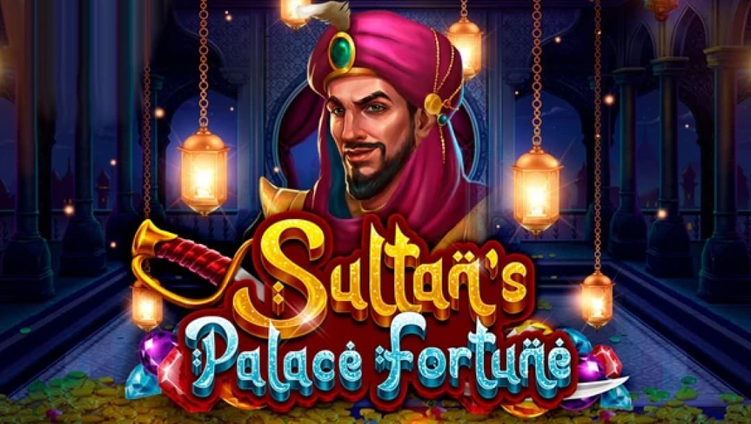 The Sultan’s Palace Fortune online slot game loading screen, featuring the game logo, a Sultan, and lamps, with an Arabic palace in the background.