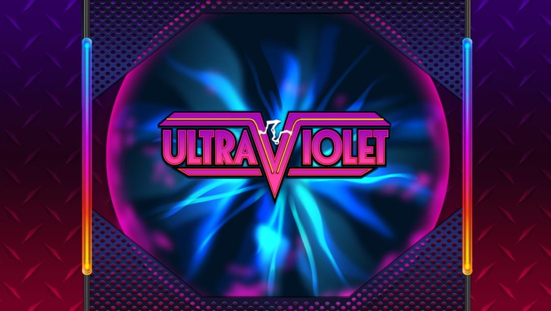 The title screen for the Ultra Violet slot game by Everi, featuring the game logo inside an orb filled with neon blue and purple light, surrounded by a metal frame filled with tiny holes, on a background of steel sheeting with diamond-shaped indentations.