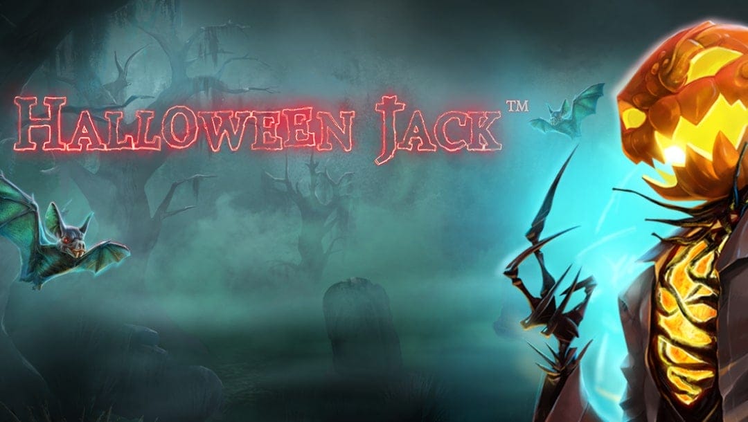 Halloween Jack online slot game title written in neon red. The logo is positioned against a foggy cemetery background with tombstones, bats, and scary-looking trees. There is a scary skeleton figure on the right side of the screen.