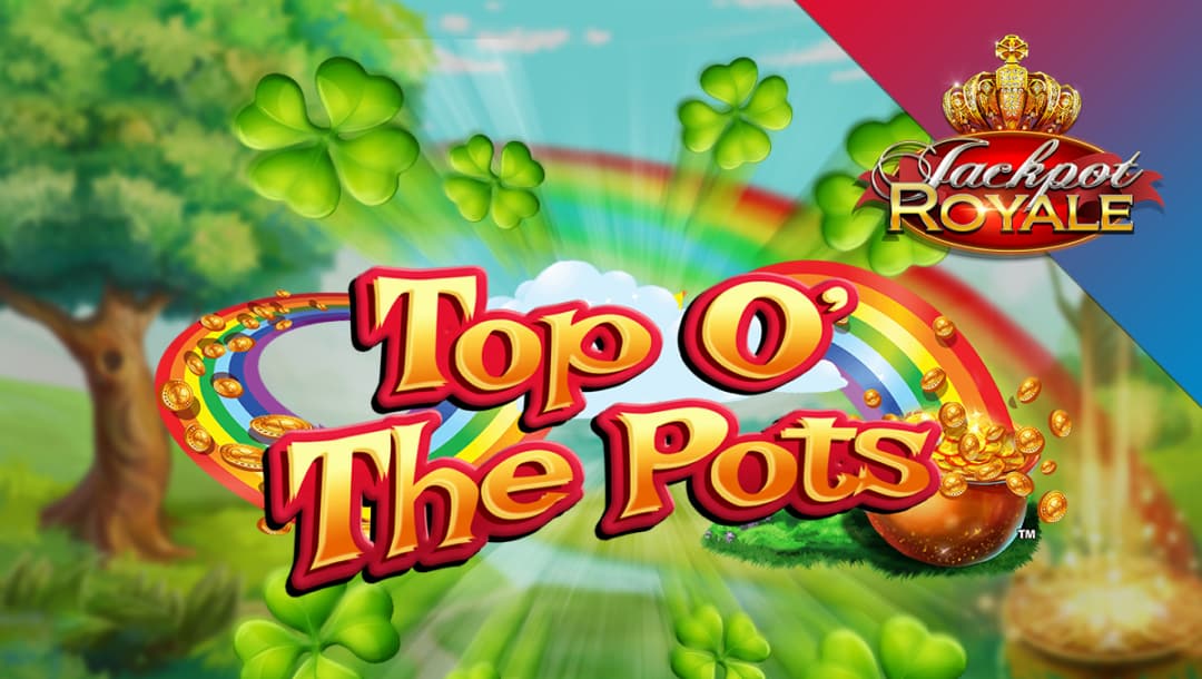 Top O’ The Pots online slot game loading screen, featuring the game logo, rainbows and pots of gold, shamrocks, and a field with trees and a small river in the background.
