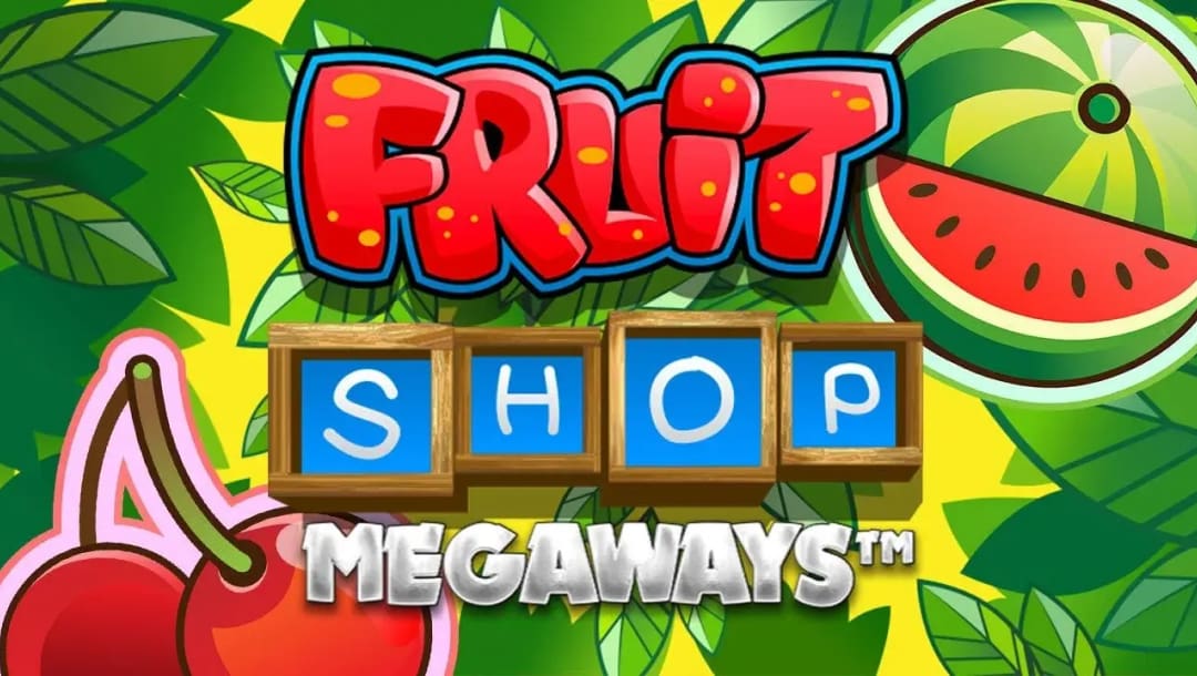Fruit Shop Megaways online slot game loading screen, featuring the game logo, a watermelon, cherries, and leaves.