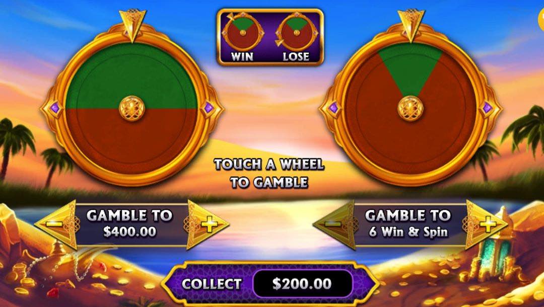 1001 Arabian Nights Plus Ways online game screen, featuring two gold, green, and brown wheels above banners featuring gamble options, set against a desert oasis with a lake, palm trees, and gold treasure.