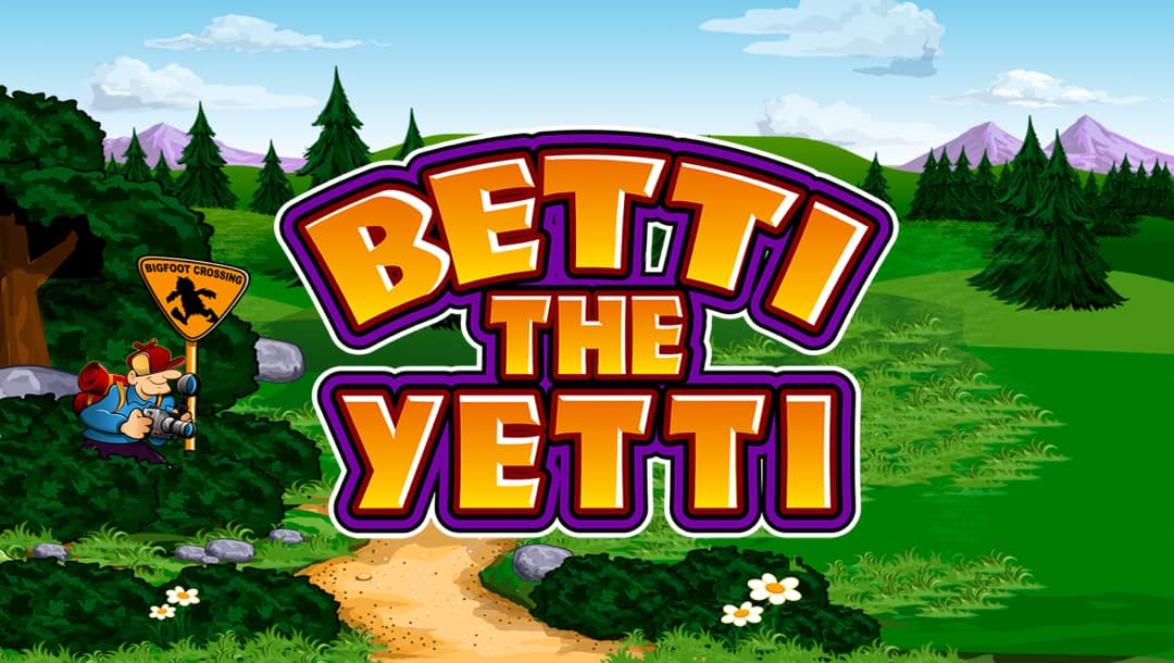 Betti the Yetti online slot game logo in yellow, purple and orange. The background shows a field of grass, trees, and a blue sky. There is a man taking photos of the nature.