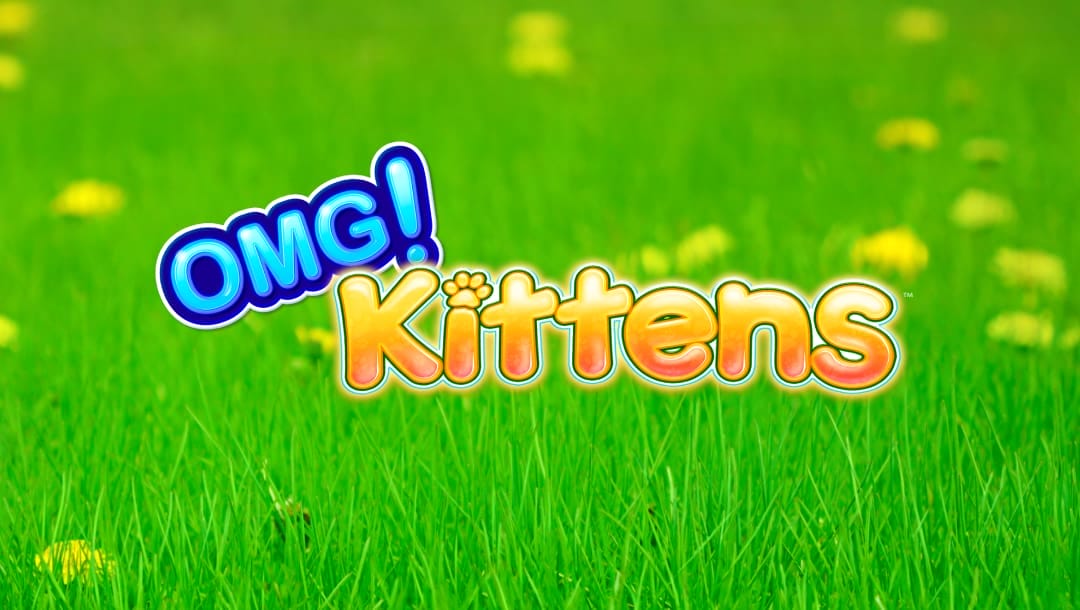 OMG! Kittens online slot game logo, with grass and yellow flowers in the background.