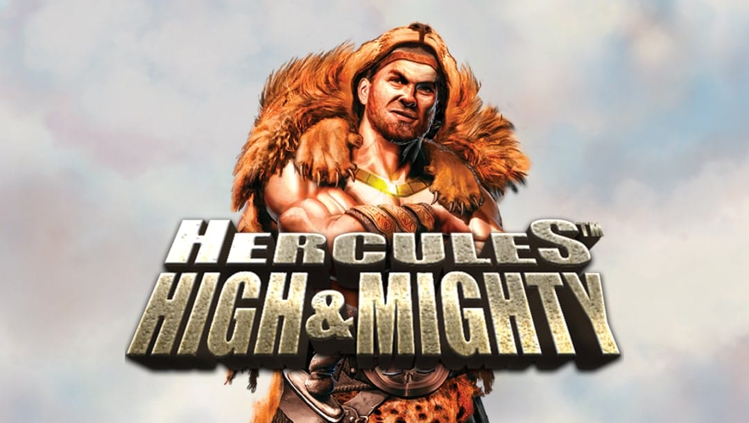 The title screen for Hercules High & Mighty featuring Hercules standing with his arms crossed behind the game title, which is spelled out in stone letters, on a cloudy background.