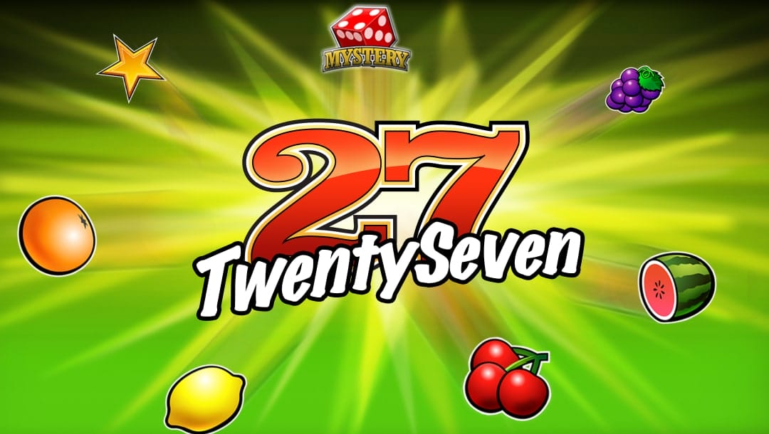 Twenty Seven online slot logo in red, black and white. There are oranges, lemons, watermelons, grapes, a mystery symbol with a dice, and a gold star surrounding the logo. The background is green and yellow.