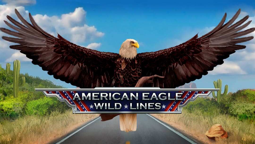 Wild Lines American Eagle online slot logo in silver, red, and blue. There is a big eagle with its wings spread open above the logo. The background shows the open road with grass and cacti.