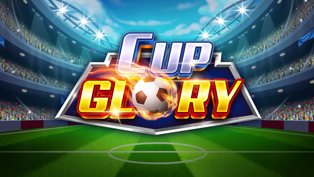 The Cup Glory online slot title screen with a huge soccer stadium in the background