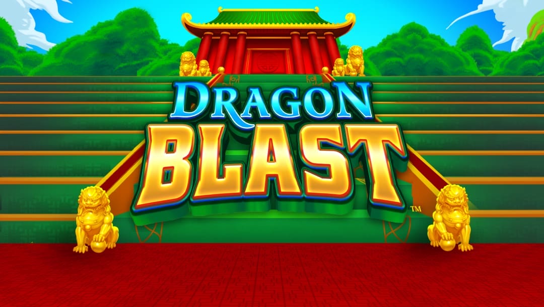 The Dragon Blast slot game title screen with a green steps up to a temple and two golden dragons in the foreground