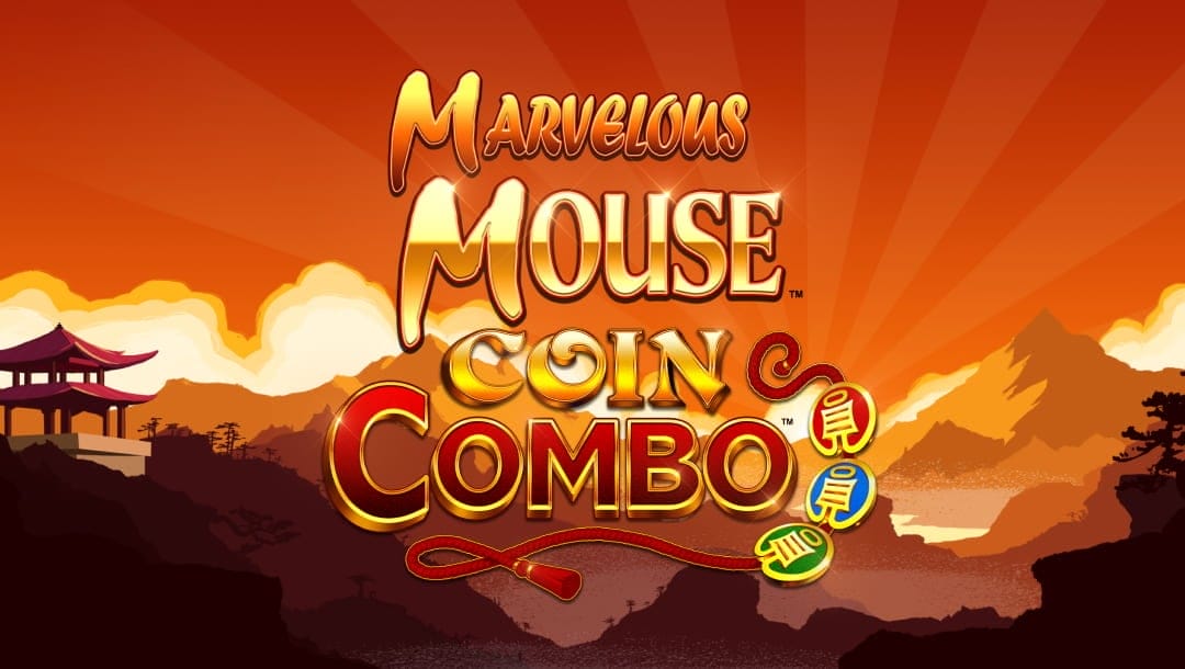 The title screen for Marvelous Mouse online slot with red mountains and a temple in the background