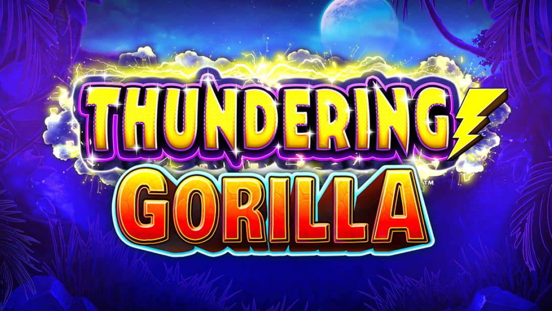 The title screen for the Thundering Gorilla slot, featuring the game title in bold lettering with a comic-style lightning bolt next to it and clouds behind it, on a background of a jungle at night.