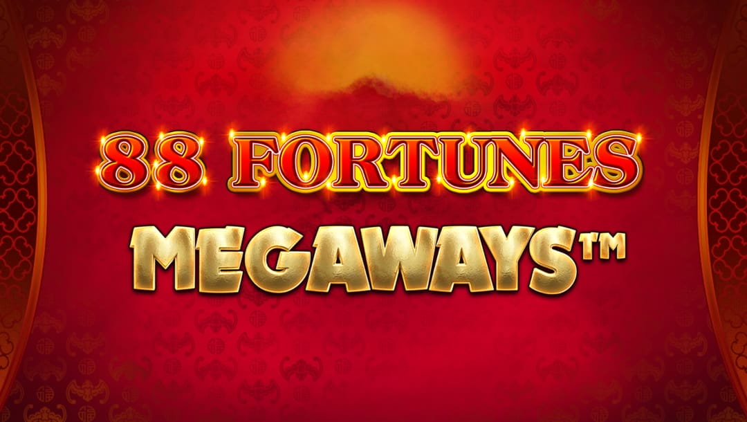 The title screen for the 88 Fortunes Megaways slot game by Light & Wonder featuring the game title on a red background with faint patterns on it.