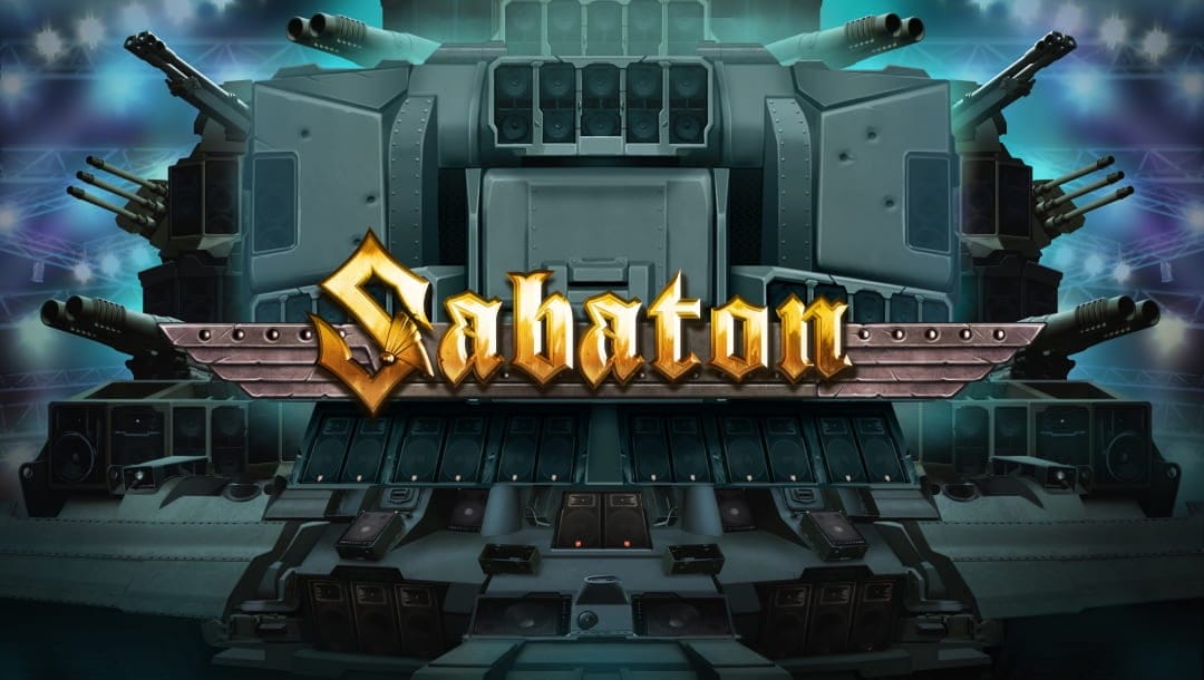 The title screen for the Sabaton slot game featuring the Sabaton logo on a background of a heavily-armored tank on a stage.