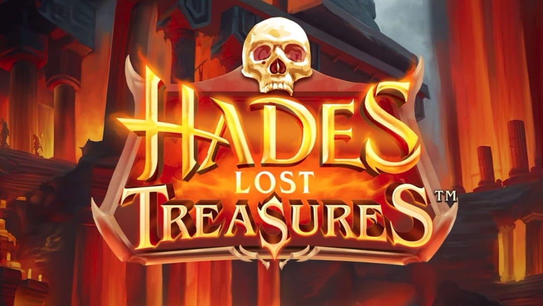 The title screen for Hades Lost Treasure, featuring the game logo in a frame with sharp corners and a golden skull on it with a dark, fiery underworld in the background.