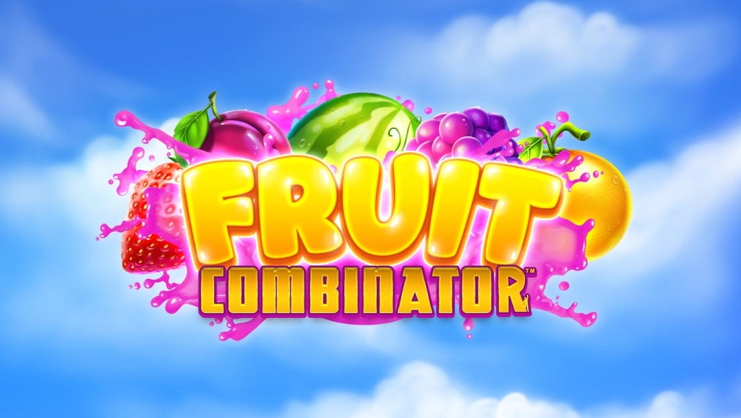 The Fruit Combinator online slot game logo is in yellow and gold. Behind the font, there are strawberries, watermelon, oranges, and blackberries with a splash of purple juice. The background shows a blue sky with white clouds.