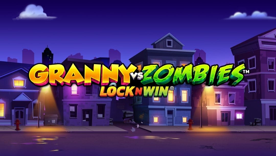 Granny vs Zombies online slot game loading screen, featuring the game logo, and a neighborhood in the background.