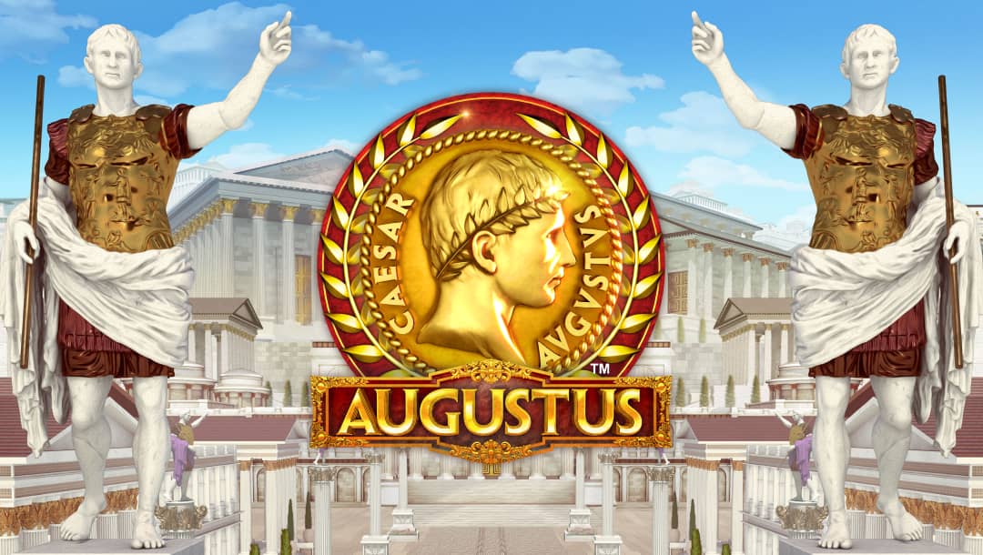Augustus online slot game logo in gold and burnt orange. There are two Ancient Greek characters on either side of the logo. There are Ancient Greek buildings in the background with a blue and white sky.