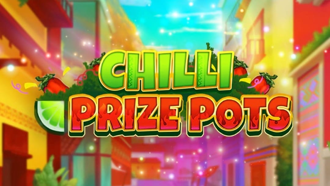 Chilli Prize Pots online slot game logo in green, red, and gold. The background shows an alley with colorful houses. There is a lime with red chillies immersed in the logo.