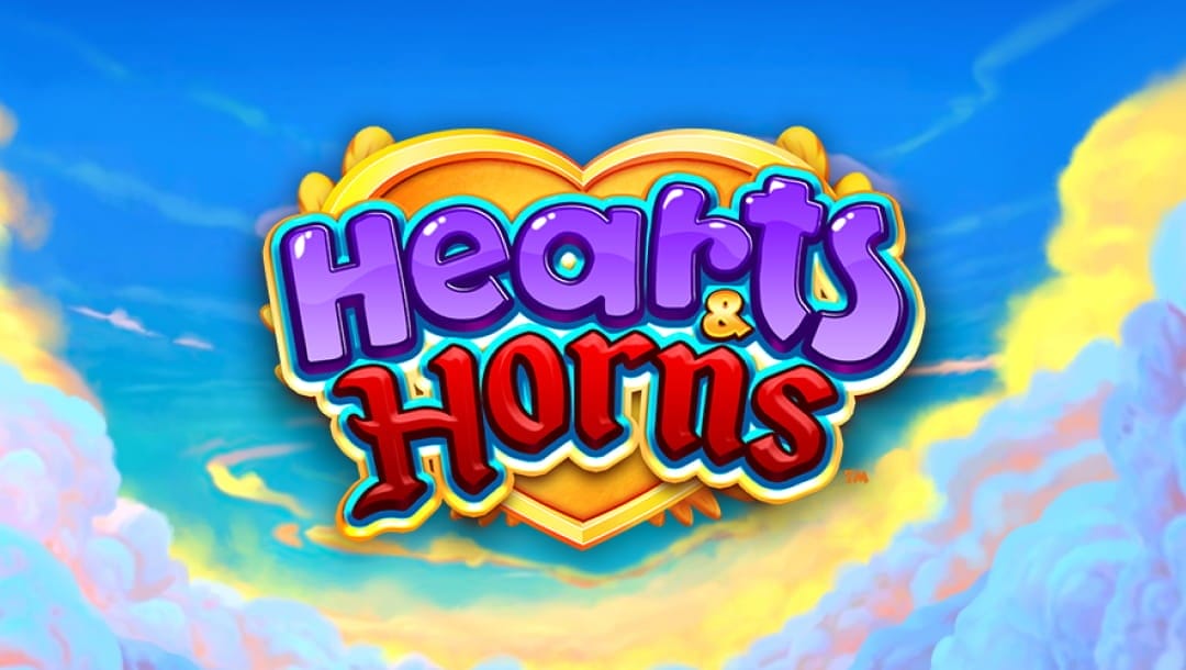 The Hearts and Horns online casino game loading screen, featuring the game logo, and clouds and a blue sky in the background.