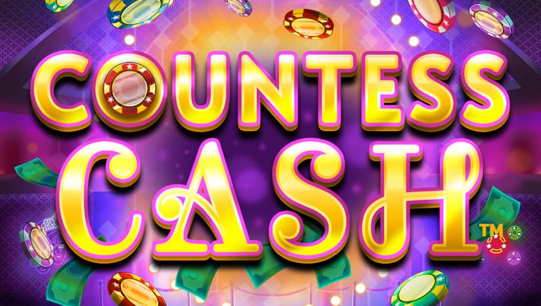 Countess Cash online slot logo in gold and purple. The background is purple and orange with diamond patterns. There are casino chips and money floating in the background.