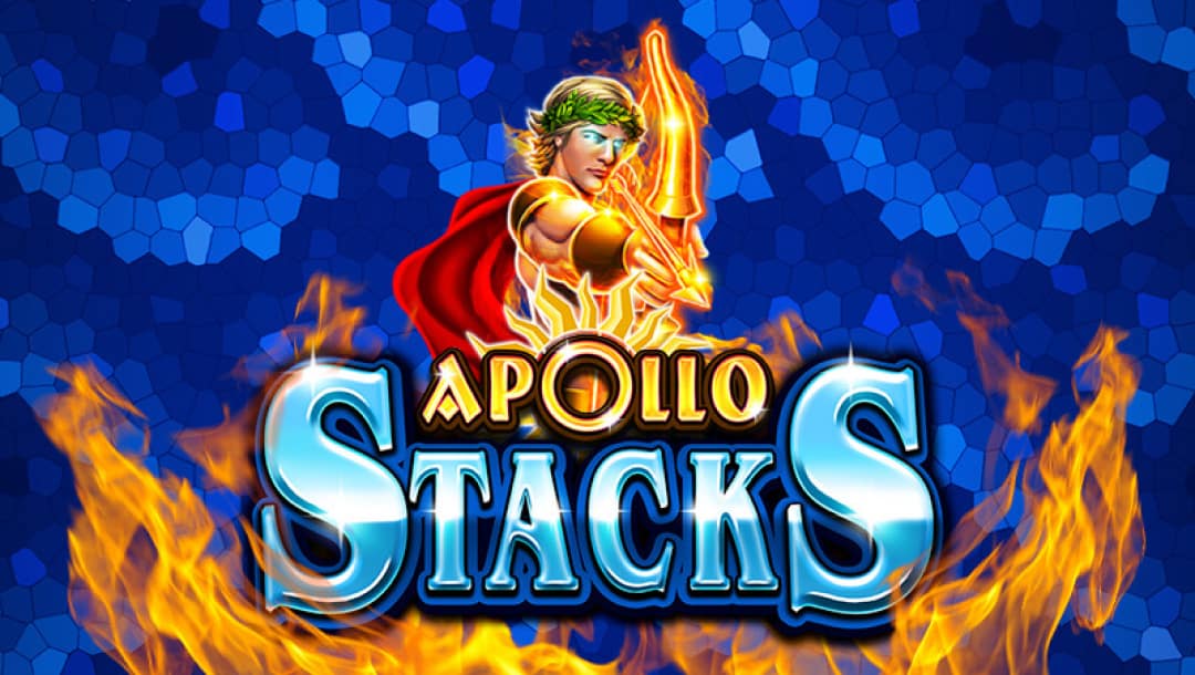 Apollo Stacks online slot logo in silver, blue and gold. Apollo is dressed in gold armor and a red cape. He is holding a gold bow and arrow. There are flames below the logo. The background has shades of blue.