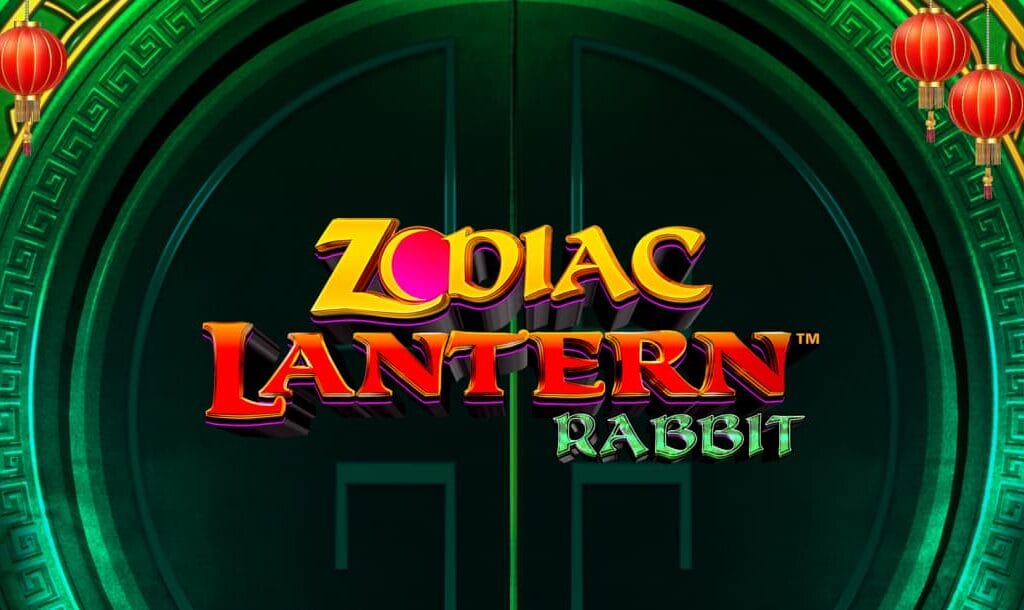 The Zodiac Lantern Rabbit Slot title screen, featuring the game logo on top of a green, round doorway with lanterns hanging from the ceiling.