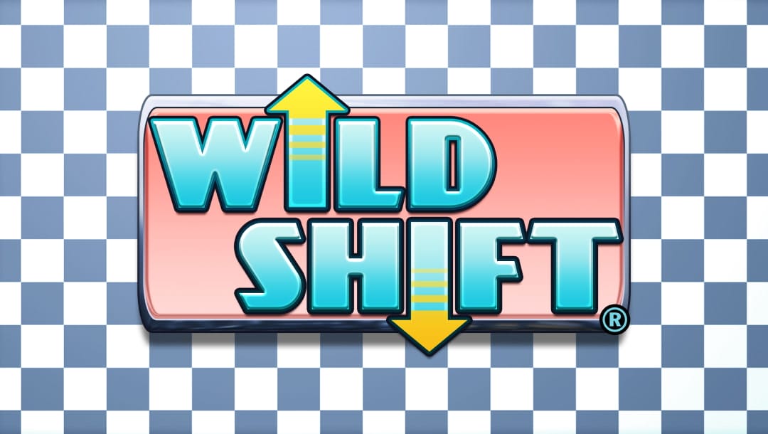 The title screen for the Wild Shift slot game, featuring the game logo with arrows as the “I” in each word and a checkered background.