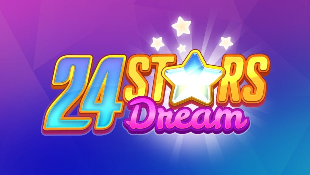 24 Stars Dream online slot logo in turquoise, gold, and purple. There is a big diamond star in the logo. The background is purple and blue with white stars.
