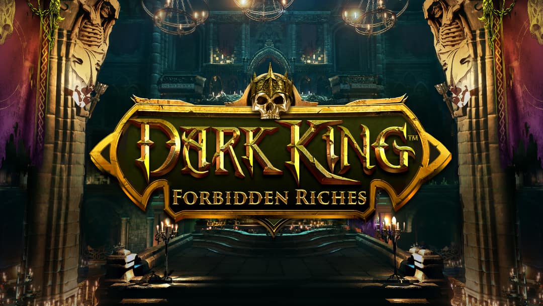 Dark King: Forbidden Riches online slot logo in gold and black. The background shows the interior of a castle with a tall entrance and candles in the air.