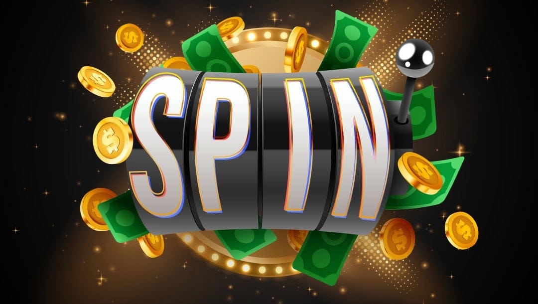 A vector image of a retro, four reel slot with the word “SPIN” spelled out across the reels, surrounded by cash and gold coins on a black backrgound decorated by gold sparkles.