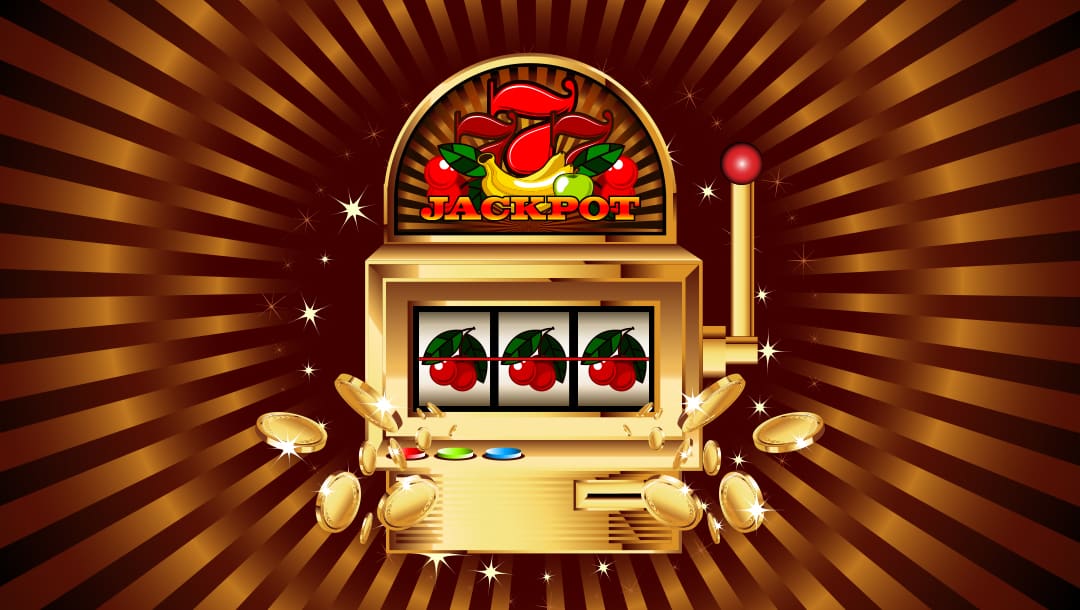 A vector image of a gold vintage fruit slot machine, featuring gold coins.