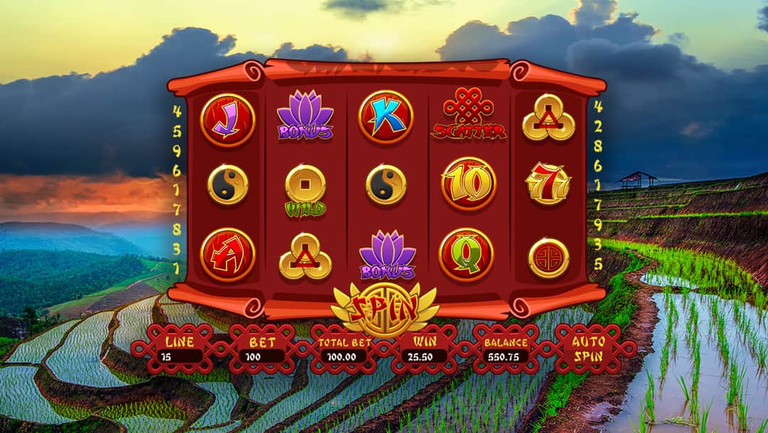 A 5x3 slot grid with various Asian-inspired symbols on it, including a Yin and Yang, gold ingots, and lotus symbols; All on a background of several rice fields on the side of a hill.