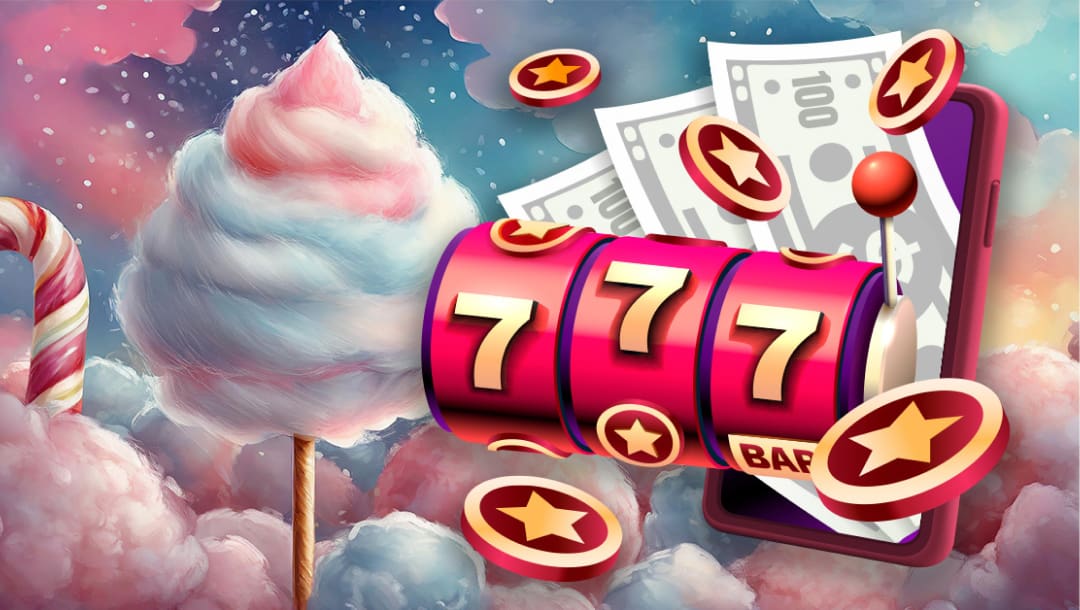 An illustration of online slot reels, money and cotton candy clouds with candy cane. There are pink and purple hues.