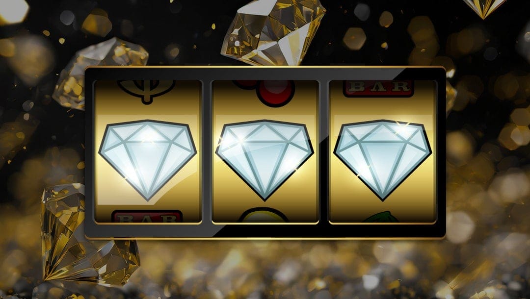 A vector image of diamond slot symbols in a slot machine, with diamonds in the background.