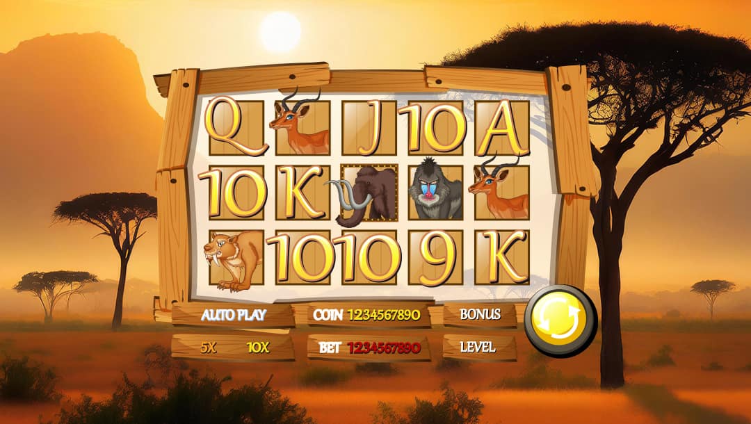 Online slot reels displayed with animals and playing cards. The reels are enclosed with wooden planks. The background shows the African Serengeti with an orange sky and trees in the distance.