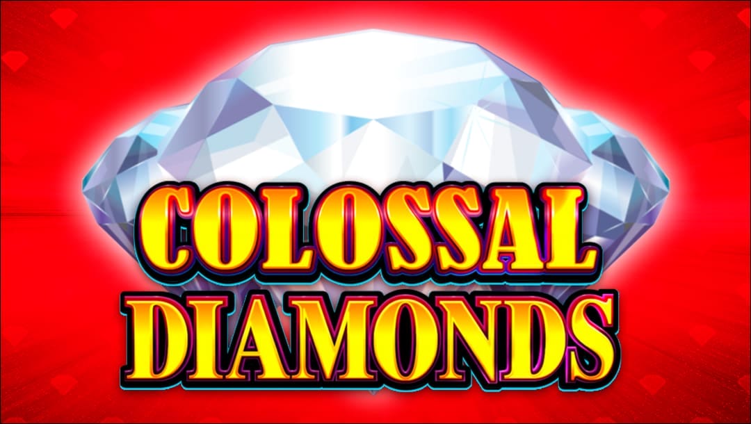 The title screen for Collossal Diamonds, featuring a giant diamond behind the game title, which is written in bold capital letters; All on a red background.