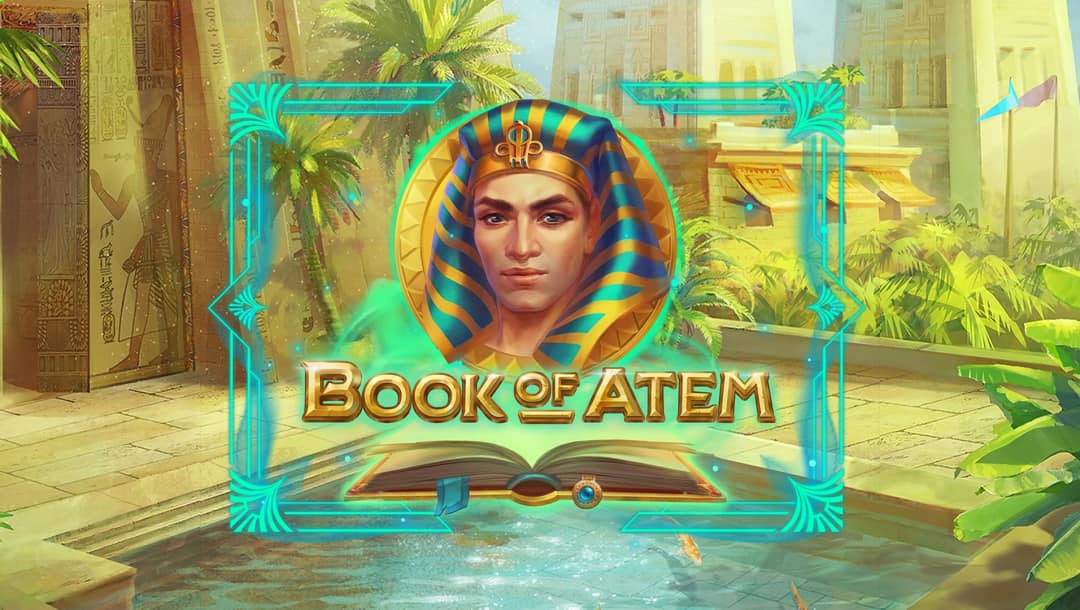 The Book of Atem online slot game loading screen featuring the game logo, and a scene of ancient Egypt in the background.