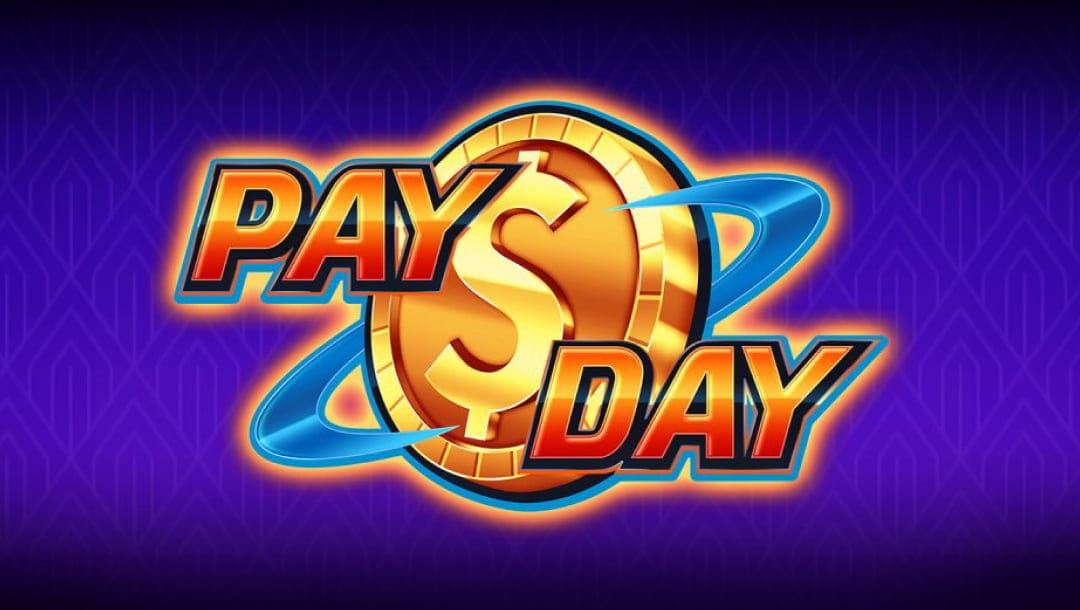 The Pay Day online slot game logo is in gold, orange, and blue. It features a gold coin with the dollar sign between the font. The background is purple.