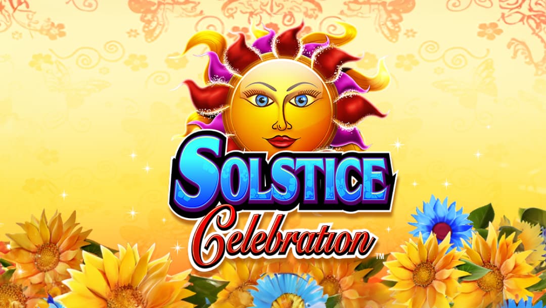 Solstice Celebration online slot game logo in blue, purple, and red. There is a sun with a face.The sun has red, yellow, and purple hair. The background is yellow with a pattern. There are yellow and blue flowers at the bottom of the screen.